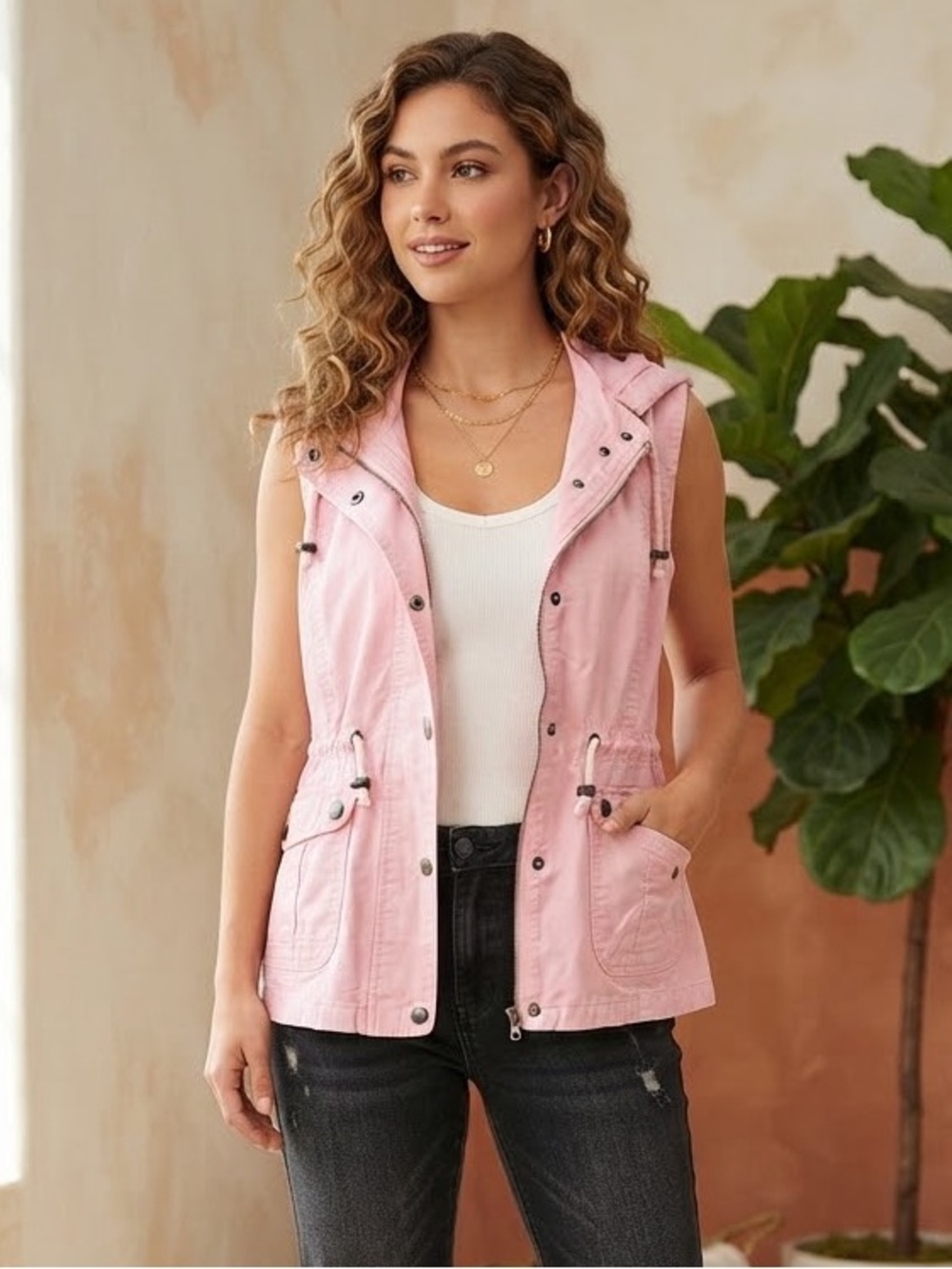 Found Sleeveless Hooded Utility Vest Removable Hood - Pink